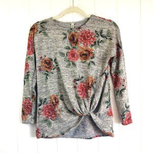 Pomelo Boutique Sweater size Small Gray marled Floral Print twist Knot front